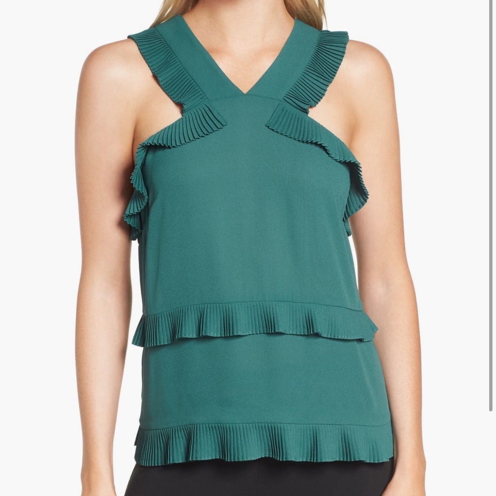 Trouve Teal Green Sleeveless Top with Ruffles